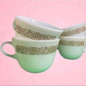 Vintage Pyrex Woodland Milk Glass Teacup Mugs + Corelle Saucers